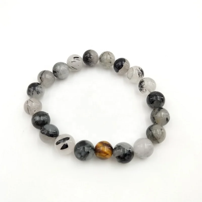 

Black Rutitated Quartz Genuine Stone Stretch Bracelet Unisex Natural Stone Bracelet