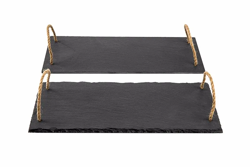 Factory Direct Natural Edge 35*15cm Rectangle Black Restaurant Non-slip Slate Food Serving Tray With Rope Handle