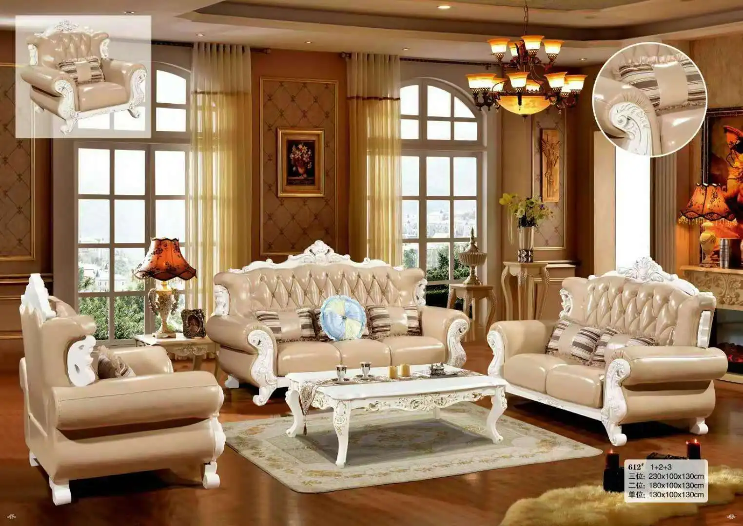 high quality European antique living room sofa furniture genuine leather 1+2+3 set mgsf612