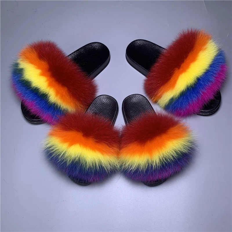

Wholesale Fashion Cute Multi-colors Child Fur Sandals and Slippers Real Fox Fur Slides Kids