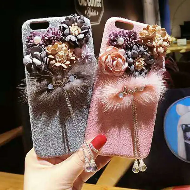 

Crystal Pendant Mink Fur PC Phone Case For iPhone 7 6 7Plus 8 X Fashion Bling Rhinestone Floral Flower Phone Cover Coque bag