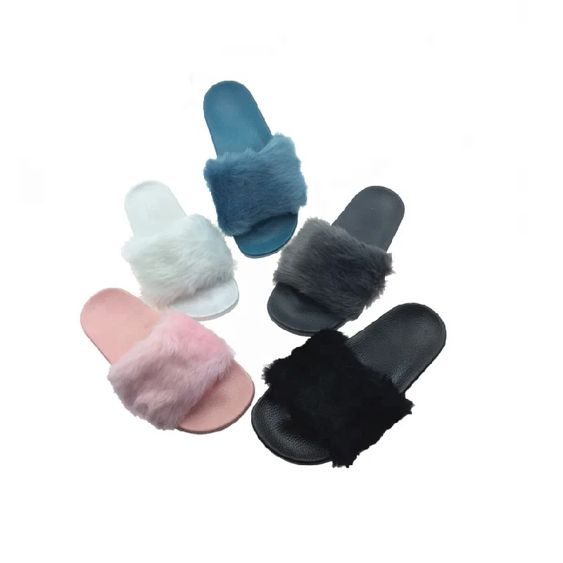 

Winter Women Pink Fluffy Slides Shoes Wholesale Fur Slippers
