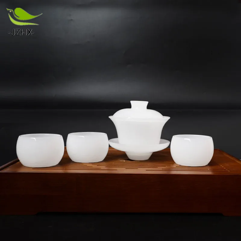 Chinese natural jade hand carving Kung Fu tea set 1 pot 4 cups