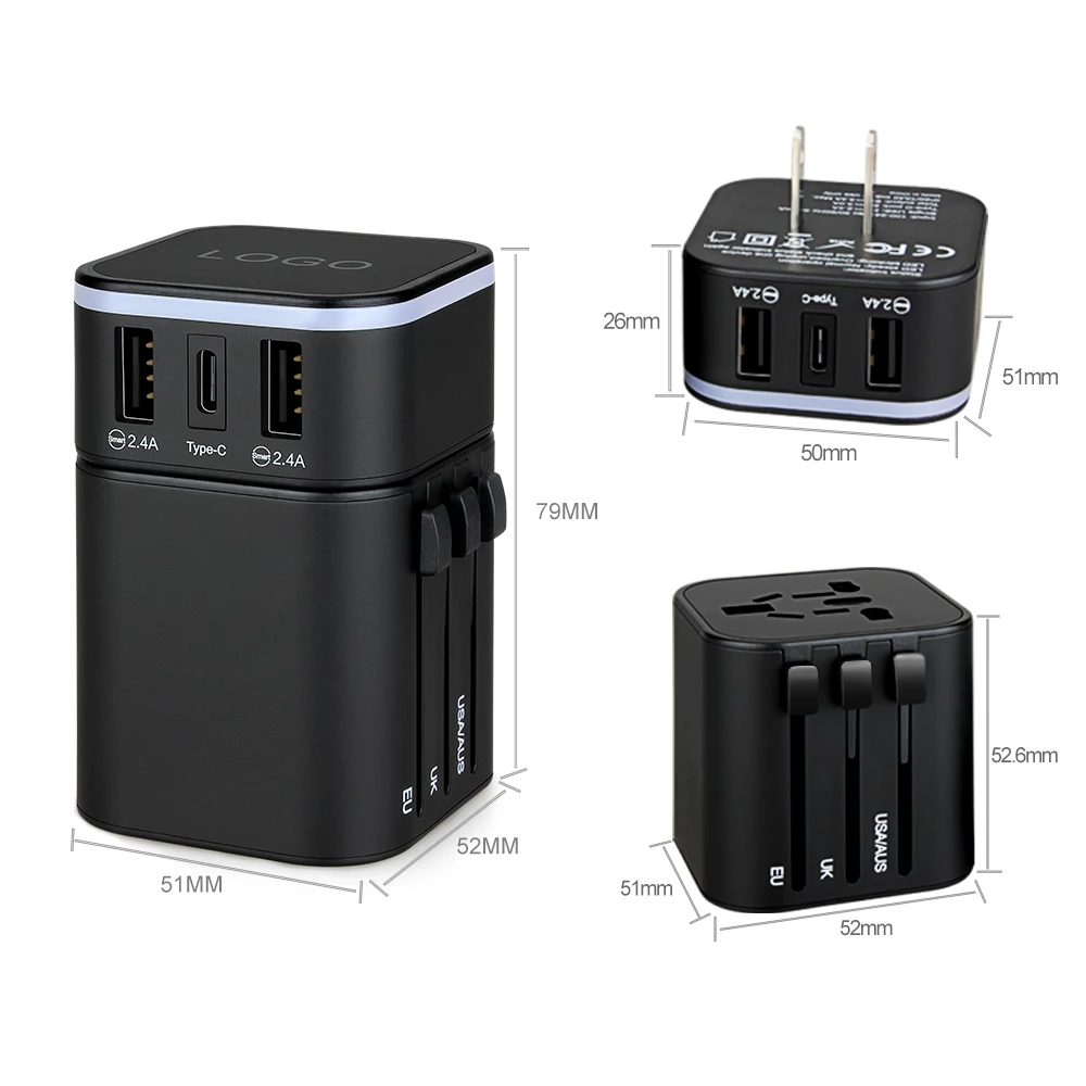 
Newest 3USB port world travel adapter USB C quick charger socket with AUS EU UK US plug outlet 