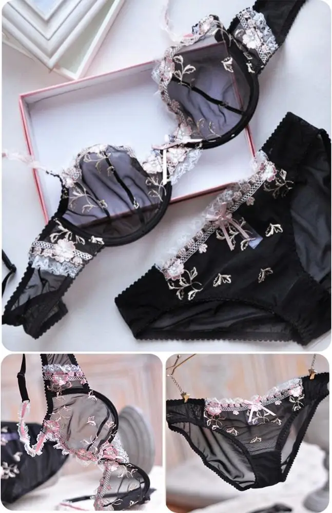 Ladies Sexy Fancy Black Transparent Floral Embroidery Lace Bra Panty