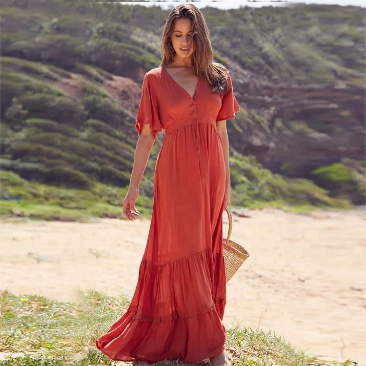 

Women Bohemian Clothing Patchwork V-Neck Button Front Rayon Maxi Dress Summer Boho Dress, Red