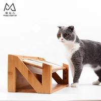 

N-shape Bamboo Pet Cat Dining Table with White Ceramic Double Pet Bowls