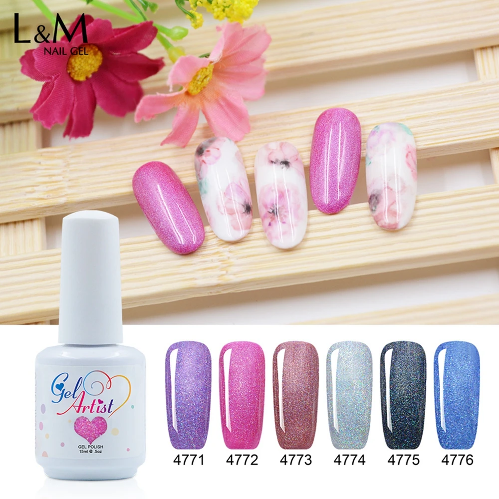 

L&M Factory Wholesale Free Sample Nail polish UV Gel Laser Holographic Gel private label, 12 colors