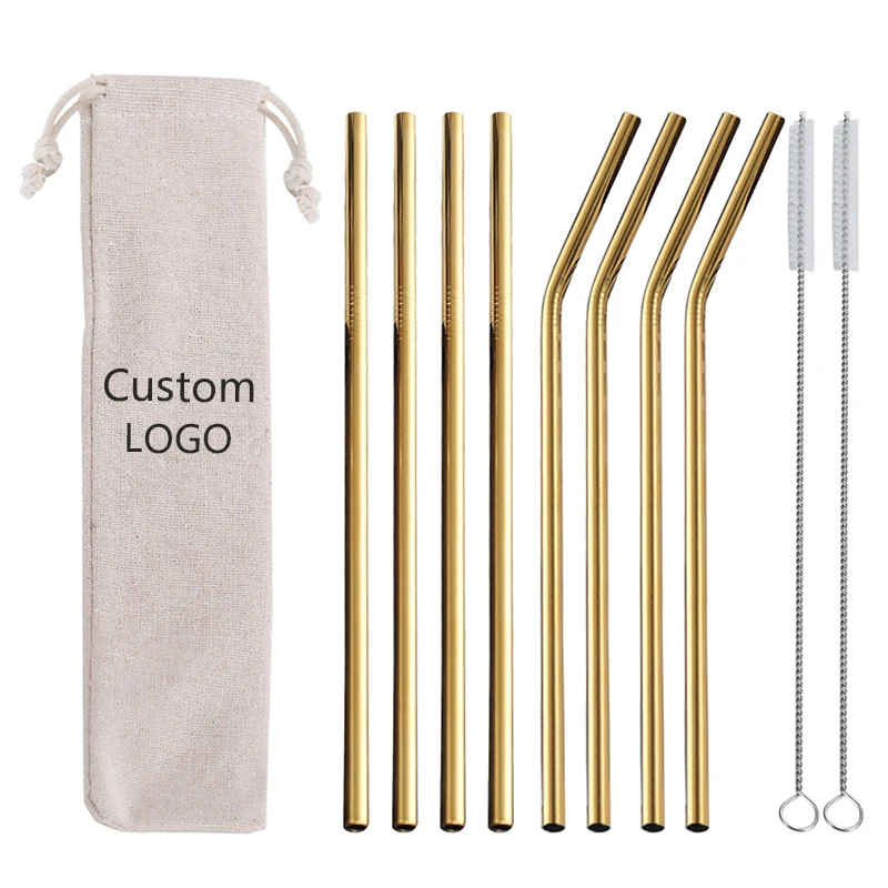 

Amazon 2019 Hot Sell 8 PCS Eco Friendly straight reusable 18/8 Gold stainless steel metal drinking straw sets Customized logo, Silver;gold;rose gold;black;rainbow