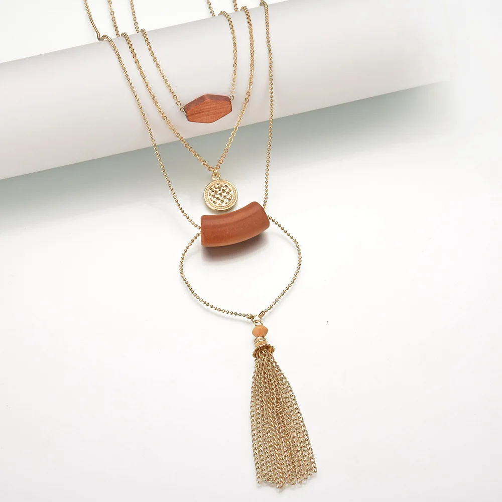 

Multilayer Round Wood Necklace Gold Tone Alloy Tassel Chain Wood Pendant Necklace, Picture