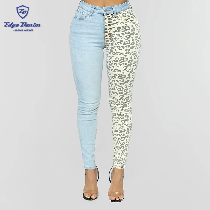 

Latest fashion high waist patchwork light blue and leopard print skinny jeans for women