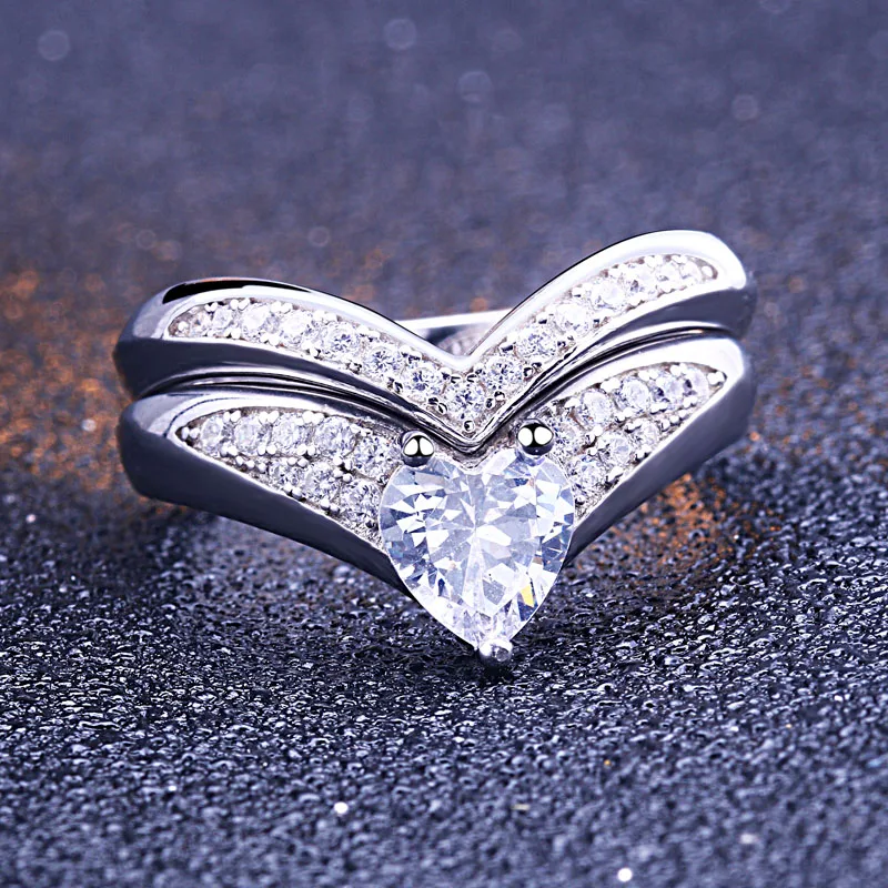 

0mm Heart-Shaped Lab-Created White Sapphire Bridal Set Ring in Sterling Silver and White Gold Plated