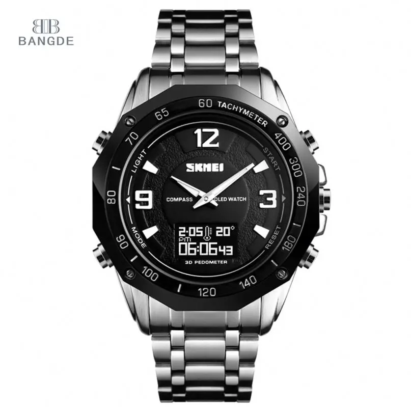 

Skmei 1464 Digital and Quartz Stainless Steel Temperature Watch Outdoor Compass Watch, Black and silver