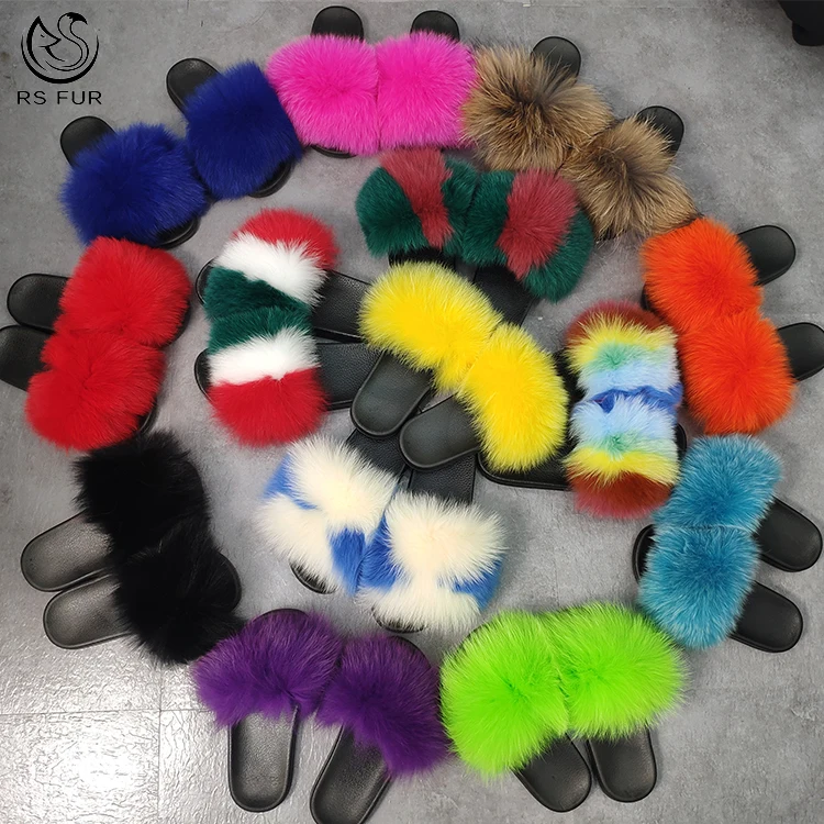 
Custom logo soft children baby fur slipper sandals fox fur slides for women and kids 
