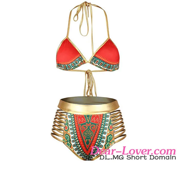 

Orange African Tribal Metallic Cutout High Waist Sexy Bikini Models, Red