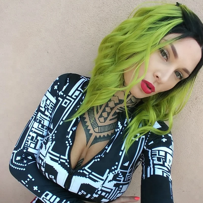 

Natural Wavy Short Bob Dark Roots Two Tone Ombre Lime Green Cosplay Lace Front Wig Heat Resistant Fiber Hair Synthetic Lace Wig