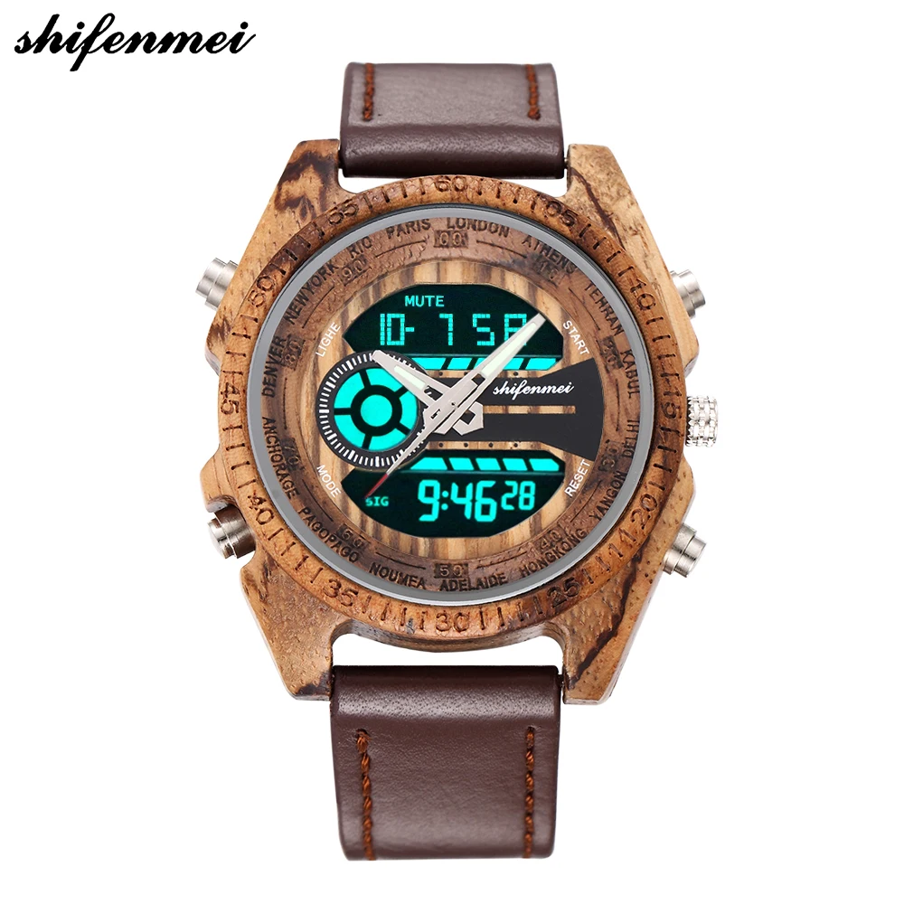 

2018 Shifenmei S2039L Patent protected Bamboo leather strap gift quartz digital wooden watches for men and women