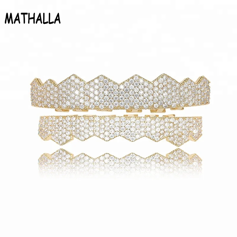

2019 Real Gold Plated White CZ Micro Pave Top Bottom Custom Grillz Set Rhodium Teeth Grills, Optional