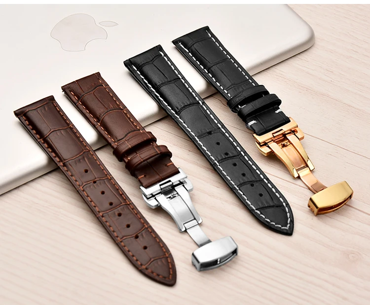 

buckle genuine calfskin leather butterfly watch strap watch band, Black/brown/light brown