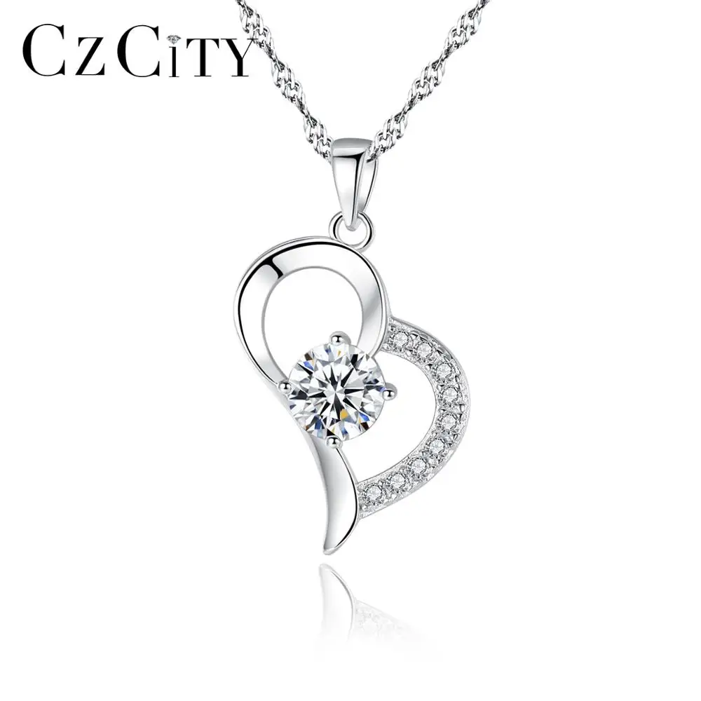 

CZCITY 925 Silver Heart Women Love Necklace Jewelry Heart Shape Pedant Necklaces