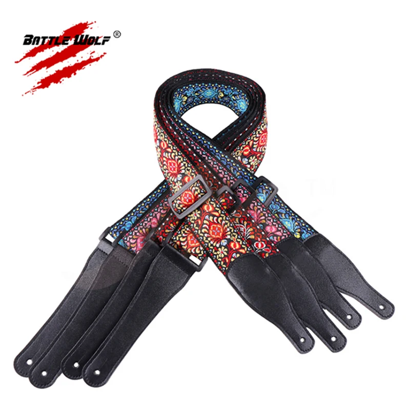 

Wholesale Woven Jacquard Weave Different Style Wear Resisting Real Leather Ends Strap for Guitar Strap, Colorful