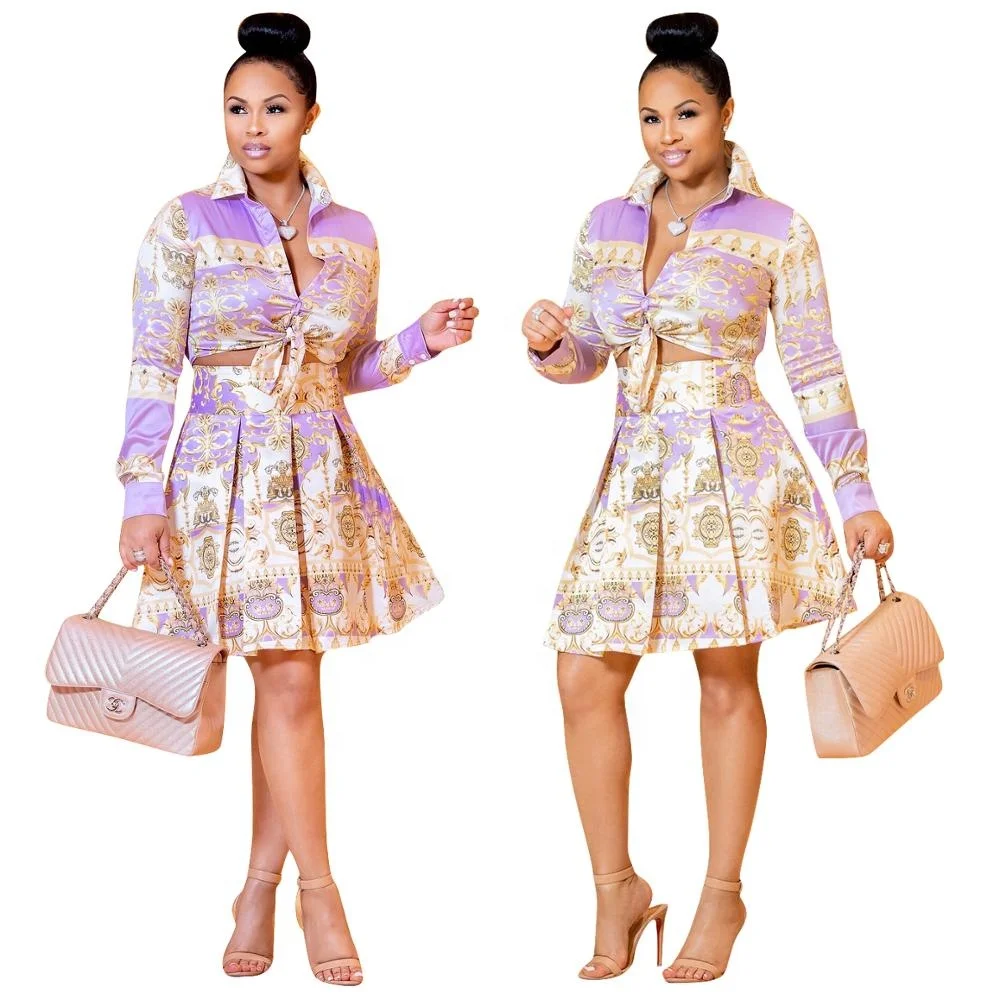 

2018 OEM Casual Print Dress Women 2 Piece Set Dress, Purple;dark blue;gold
