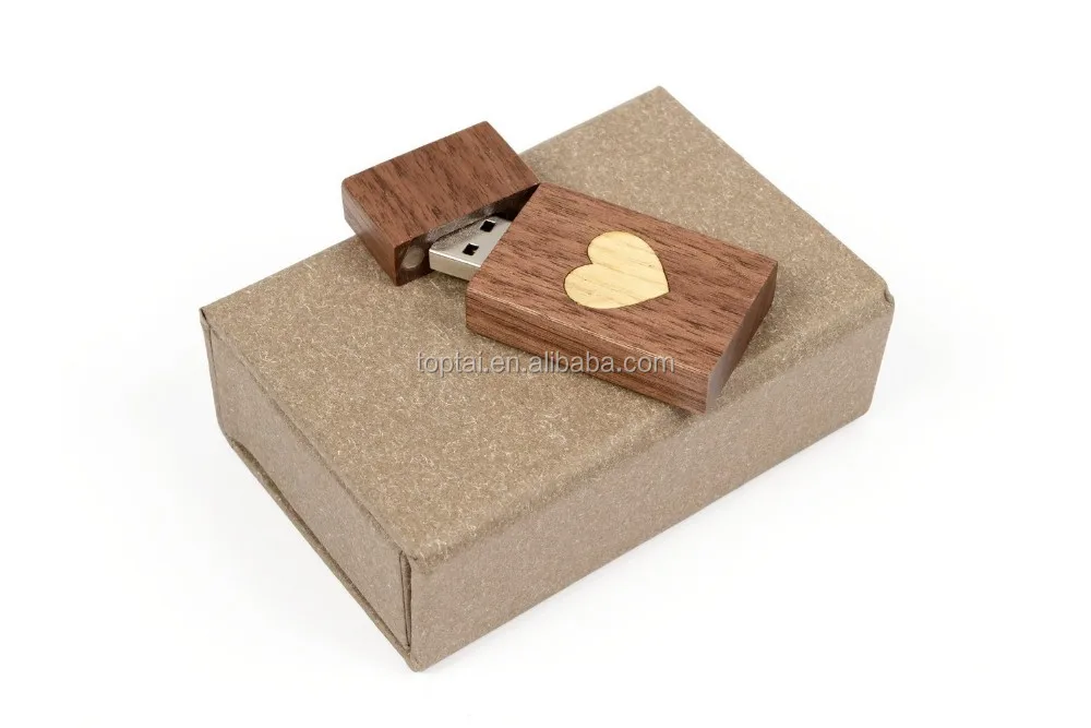 Heart Veneer Love Design with Handmade Paperbox Filled with Raffia Grass Walnut Wood USB 2.0 8GB Flash Drive