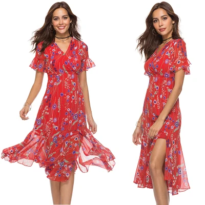 

latest design woman fashion short sleeve floral print dress red color dresses