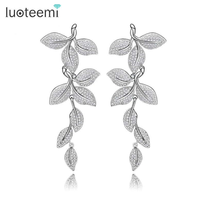 

LUOTEEMI Biradal Wedding Luxury Leaf Statement Design Quality Prong Setting Cubic Zirconia Long Drop Earrings For Women, N/a