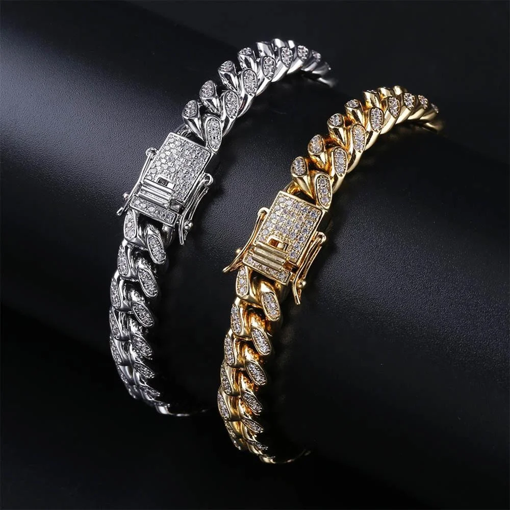 

2022 New 10mm Hip Hop Miami Cuban Chain Necklace Gold/Silver Color Plated Bling Micro Pave CZ Zircon Bracelet Necklaces 7-30inch