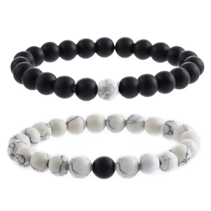 

Fashion 2pcs Couple Distance Bracelet White And Black Ying Yang Natural Stone Bead Stretch Bracelet, As pictures show