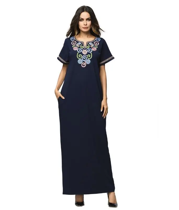 

factory supplier pure Arab Knitted embroidered maxi dress, Blue