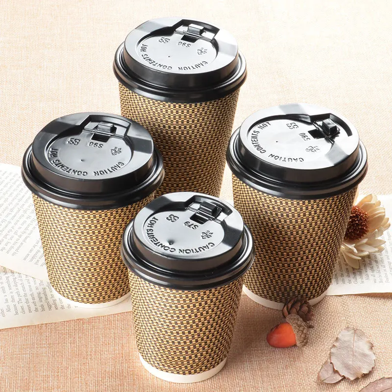 
8oz 10oz 12oz Hot Drink Biodegradable Ripple Wall Coffee Paper Cups with Lids 