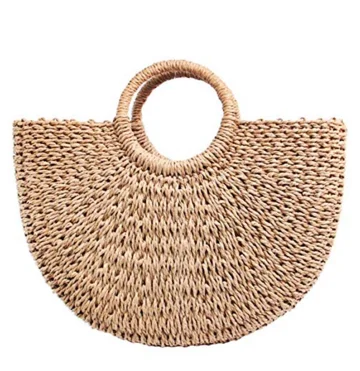 

Natural Straw Bag Hand Woven Round Handle Handbags Water Hyacinth Handmade Summer Bag Beach Bag, Brown,beige