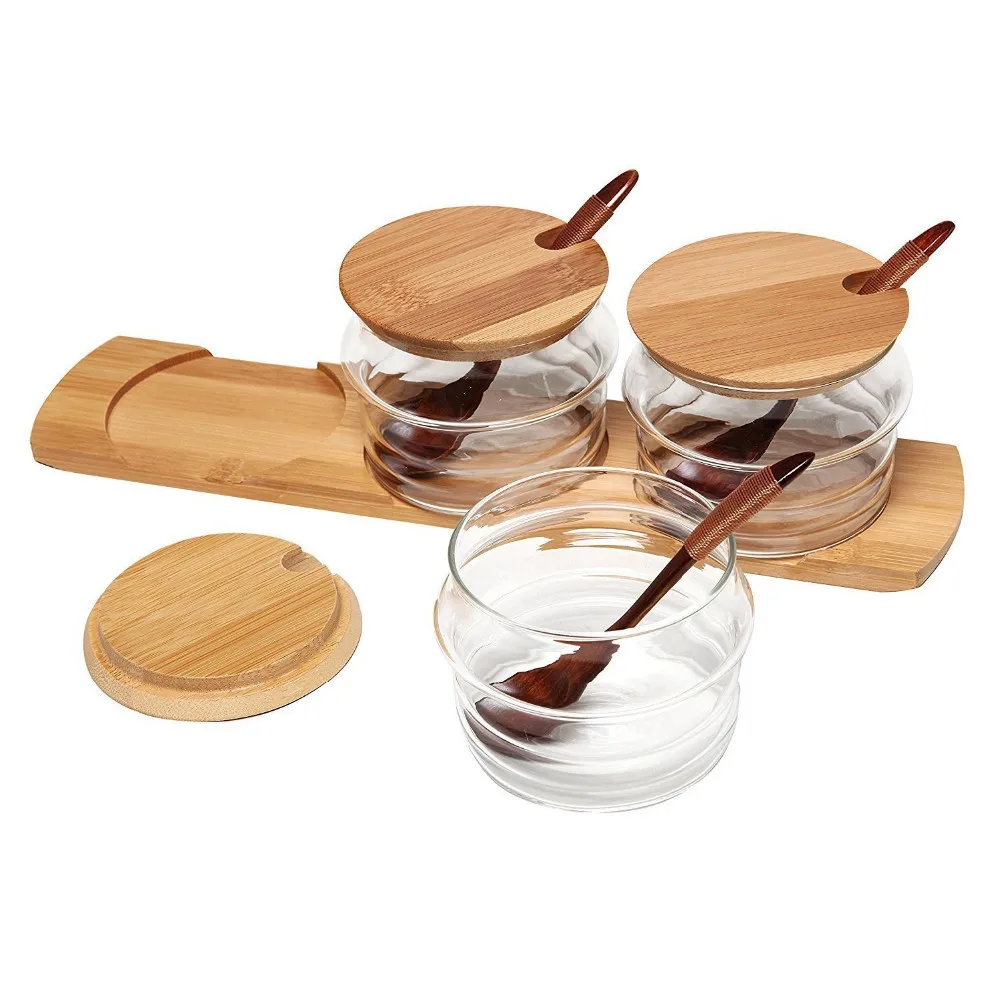 Bamboo Glass Jar With Tray And Wood Spoon For Sugar Bowls,Tea Storage