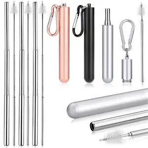 Image of 2019 New Item scretchable drinking straw reusable stainless steel straw with cleaning brush