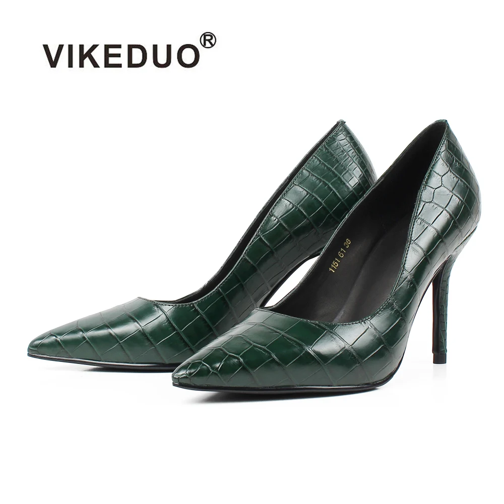 

Vikeduo Handmade Comfortable Stilettos Genuine Crocodile Leather Women Shoes Ladies Shoes High Heels, Dark green