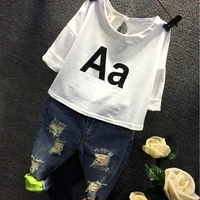 

Children's clothing new autumn girls seven-point sleeve letters round neck T-shirt hole cowboy trousers Korean casual T-shirt