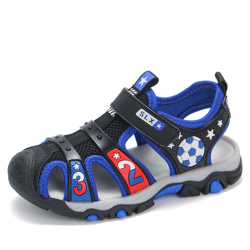 

Best selling shoes factory football pattern close toe trendy kids beach sandals wholesale china, Red,blue,grey