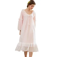 

Good design an exquisite women cotton long sleeve nightgown maxi length nightdress plain white vintage bridal sleepwear