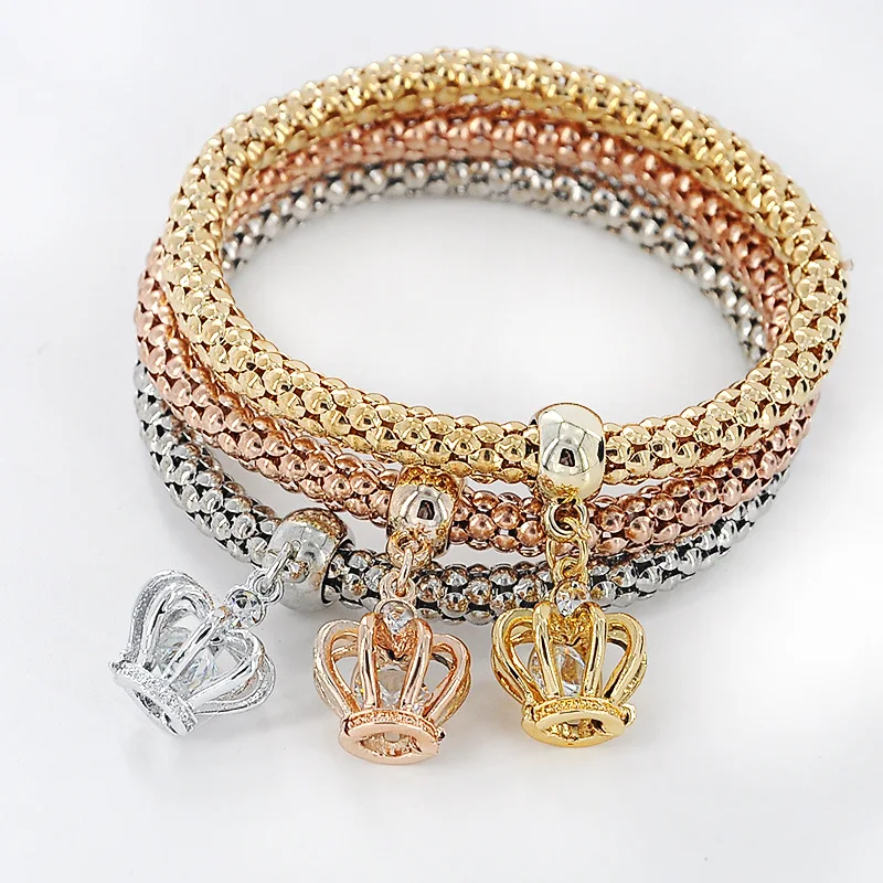 

3 Pcs Set 18 K Real Gold Plating Crystal Crown Pendant Bracelets Creative Elastic Popcorn Corn Chain Bracelet Jewelry, Silver, gold , rose gold