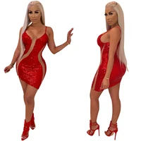 

Sexy club above knee spaghetti strap baby party sequined mesh night dress