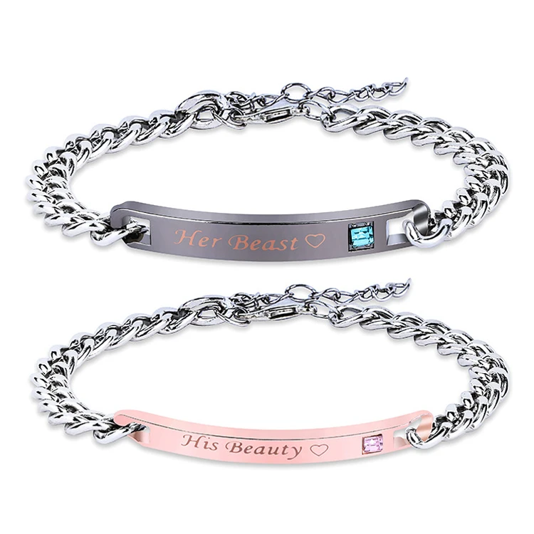 Wholesale Hot Popular Her King His Queen Her Beast His Beauty Fashion Polished Couple Cuff Stainless Steel Bracelet