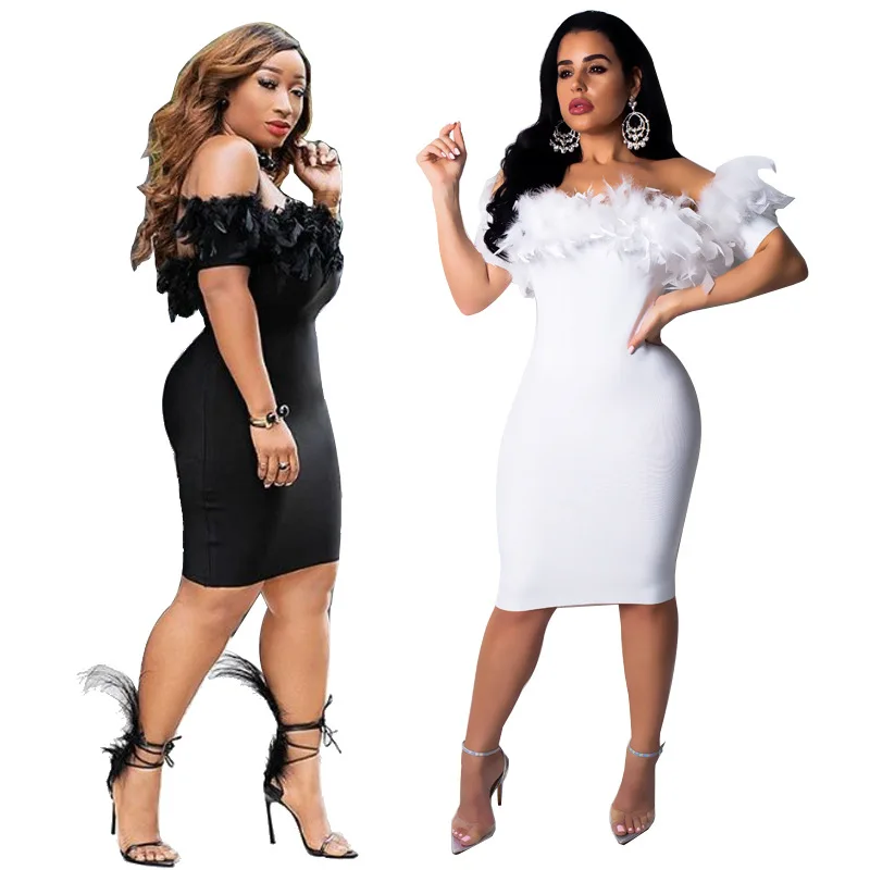 

large size women's clothing off the shoulder tight nightclub dress 2019, Black and white