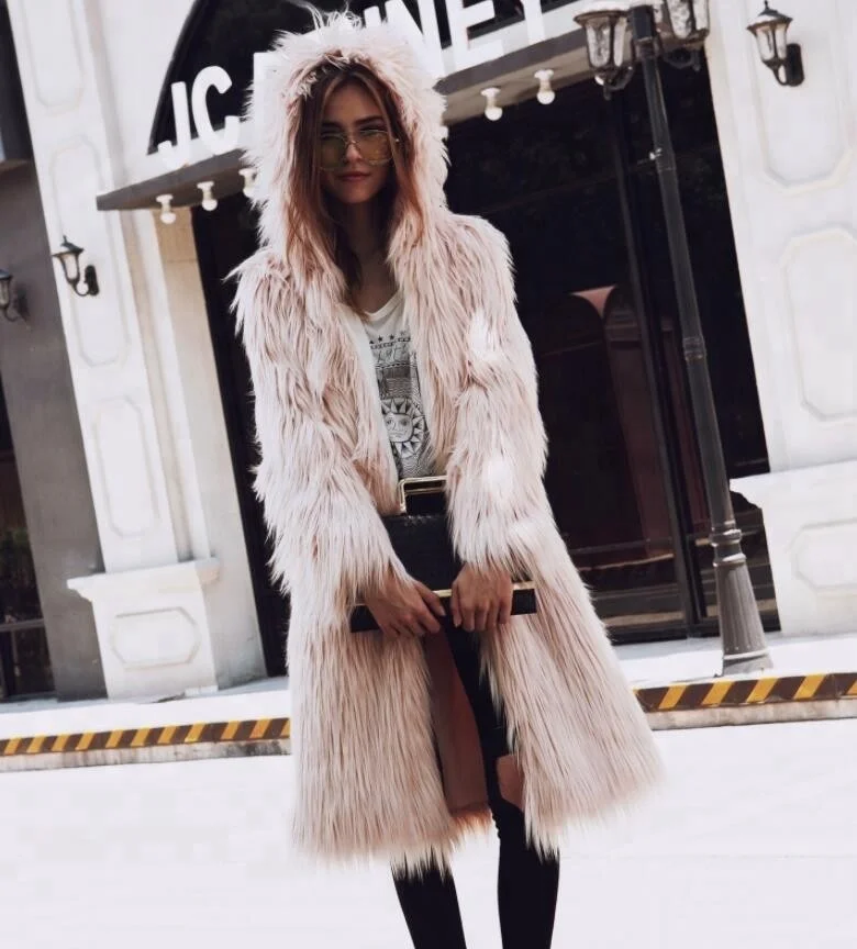 

Custom New Ladies Overcoat Long Sleeve Faux Fur Coat With Hooded, Black/dark green/apricot/white