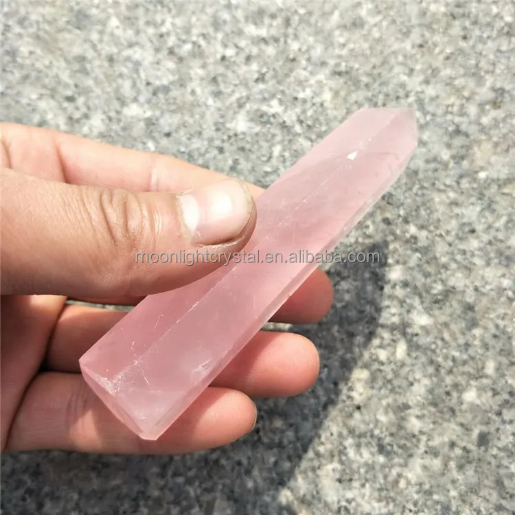 natural hand carved pink color rose quartz crystal point wand for sale