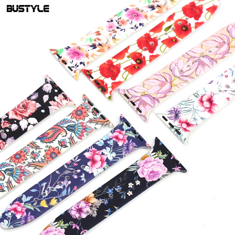 

38mm 42mm For Apple Wrist Bands siolicone flower pattern printing iWatch Strap wristband for apple 12 3 4, 4 colors or custom