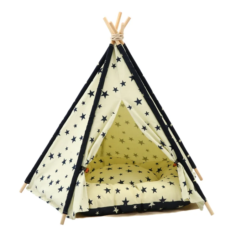 

Wholesale Soft Foldable Star Print Canvas Pet Dog Tent Teepee, Beige