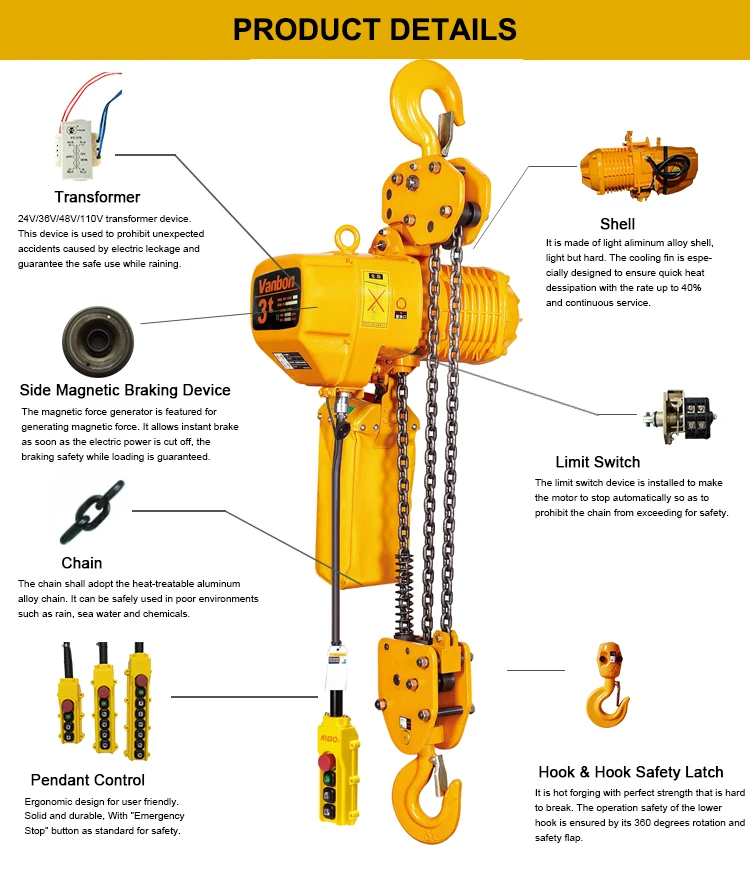 Vanbon 3 Ton Hook Fixed Type Three Chain Falls Electric Chain Hoist Manufacturer Buy 3 Ton