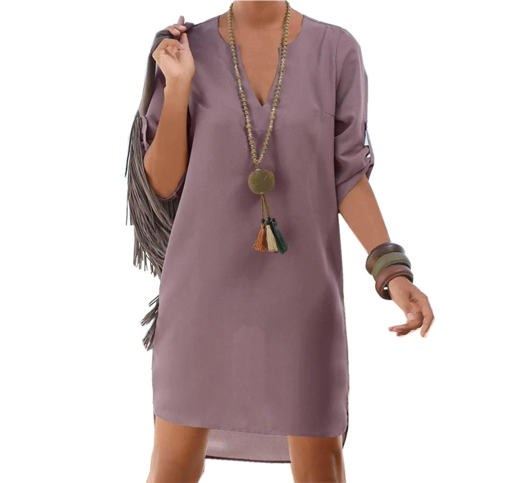 

Fashion Lady Dress Women Summer Sexy V-Neck 3/4 Sleeve Casual Loose Short Chiffon shirt Mini Dress, Beige;gray;black;royal blue;purple